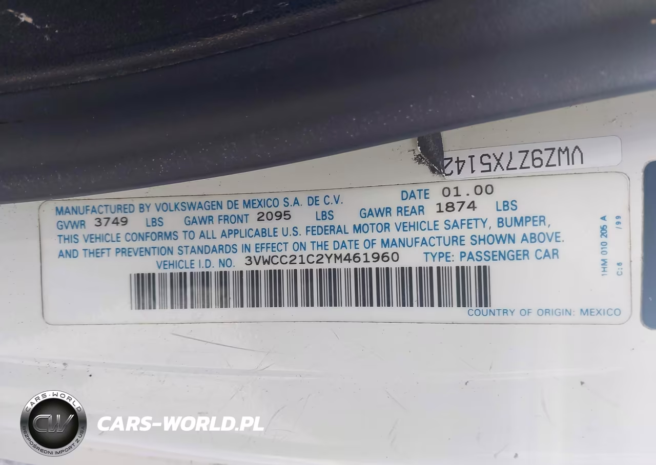 2000 Volkswagen New Beetle Gls VIN:3VWCC21C2YM461960 - 9