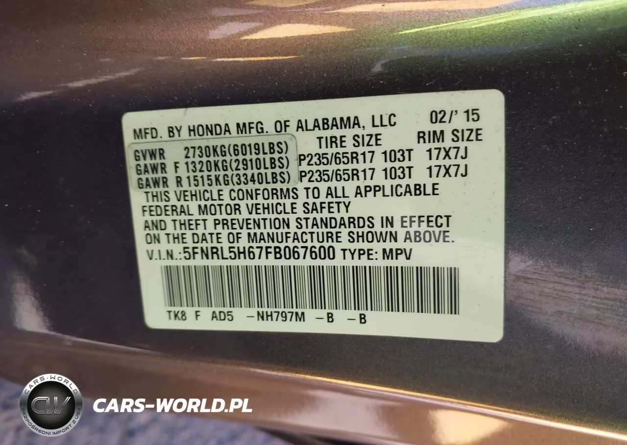 2015 Honda Odyssey Ex-L VIN:5FNRL5H67FB067600 - 9