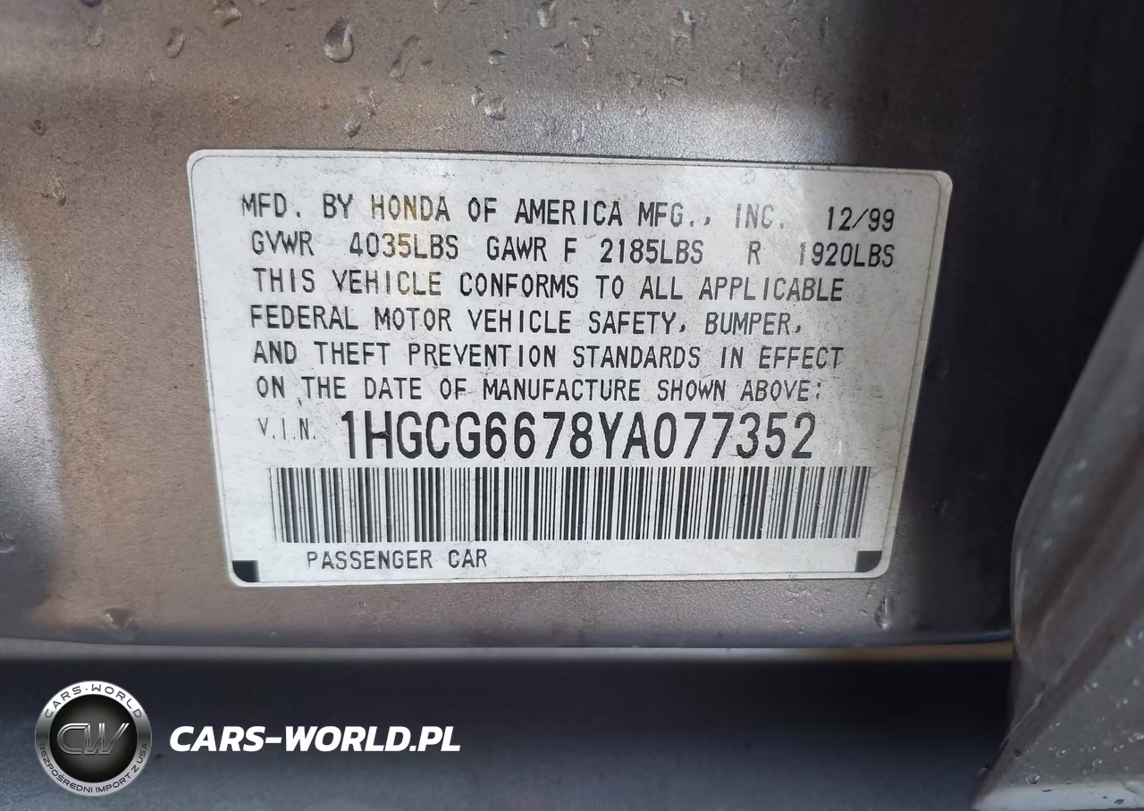 2000 Honda Accord 2.3 Ex VIN:1HGCG6678YA077352 - 9