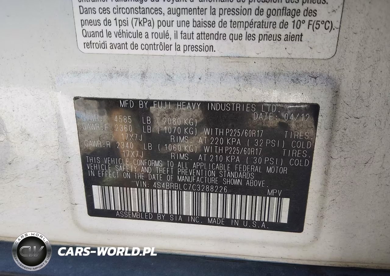 2012 Subaru Outback 2.5I Limited VIN:4S4BRBLC7C3288226 - 9