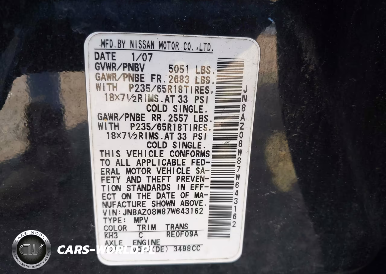 2007 Nissan Murano Sl VIN:JN8AZ08W87W643162 - 9