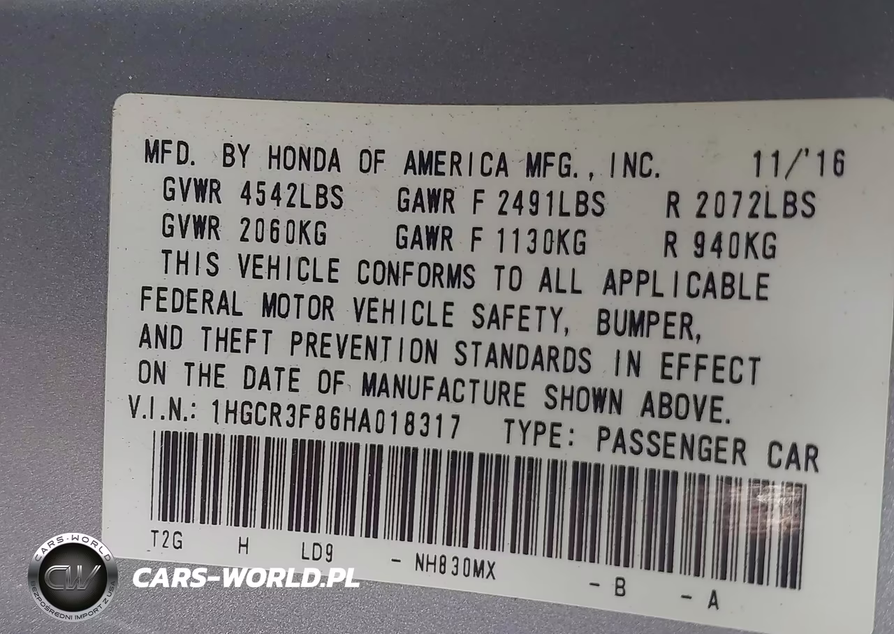 2017 Honda Accord Ex-L V6 VIN:1HGCR3F86HA018317 - 9