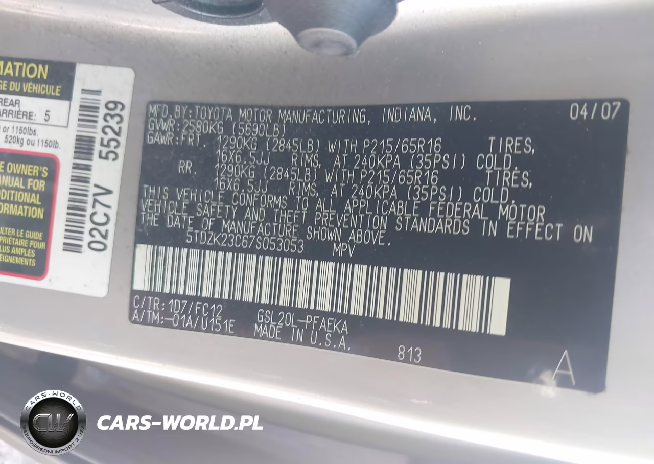 2007 Toyota Sienna Le VIN:5TDZK23C67S053053 - 9