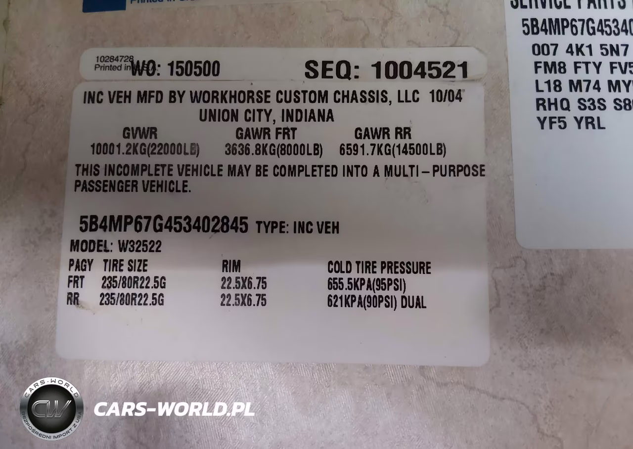 2005 Workhorse Custom Chassis Motorhome Chassis W22 VIN:5B4MP67G453402845 - 9