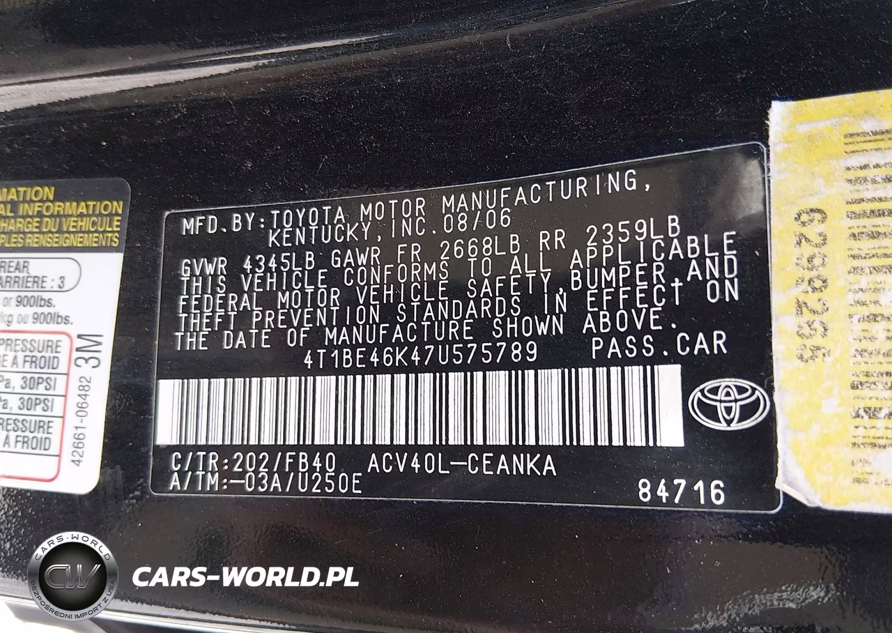 2007 Toyota Camry Le VIN:4T1BE46K47U575789 - 9
