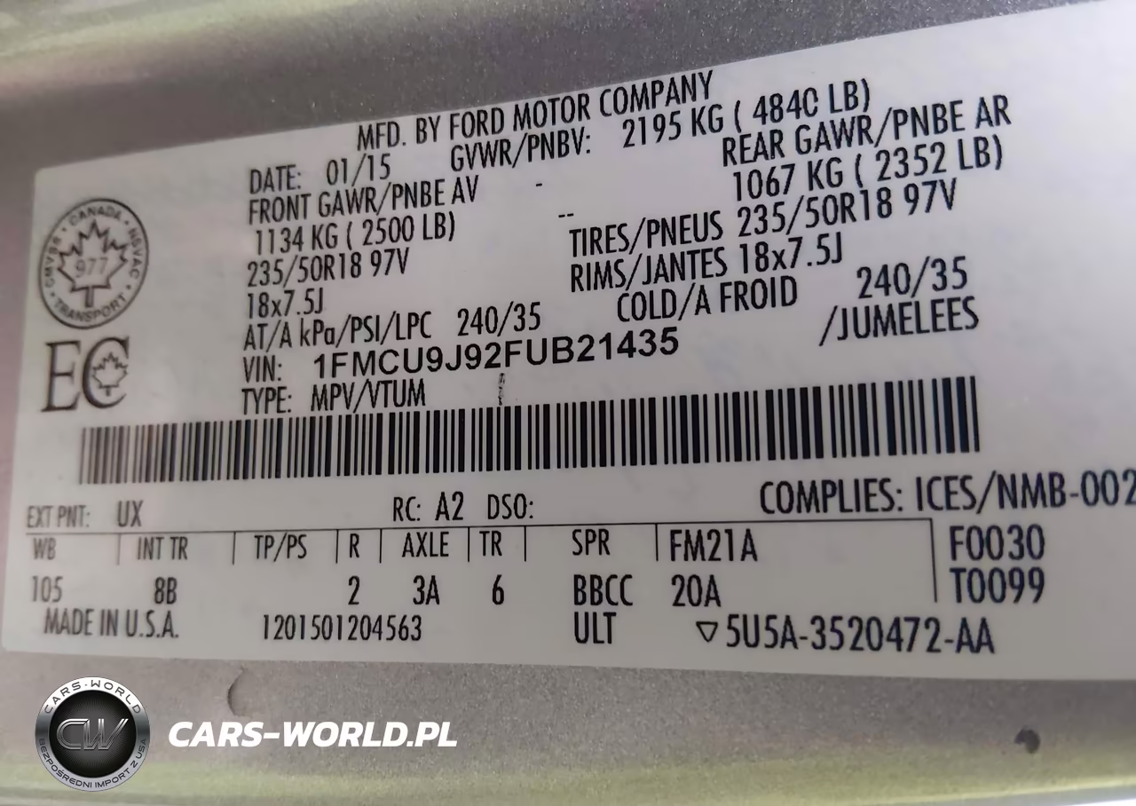 2015 Ford Escape Titanium VIN:1FMCU9J92FUB21435 - 9