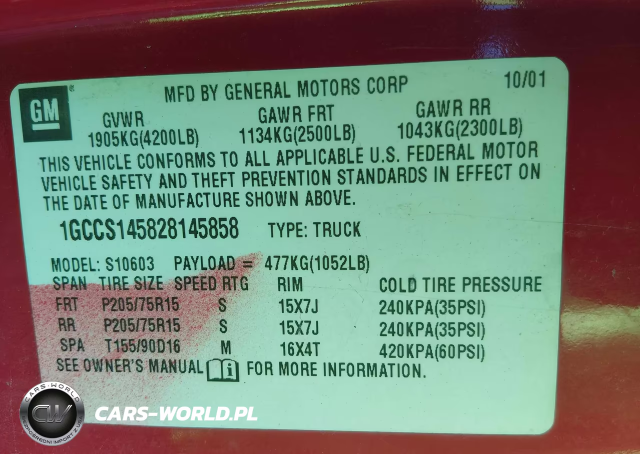 2002 Chevrolet S-10 VIN:1GCCS145828145858 - 9