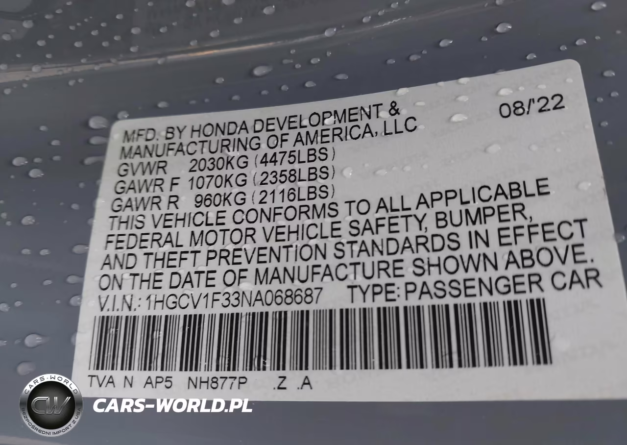 2022 Honda Accord Sport VIN:1HGCV1F33NA068687 - 9