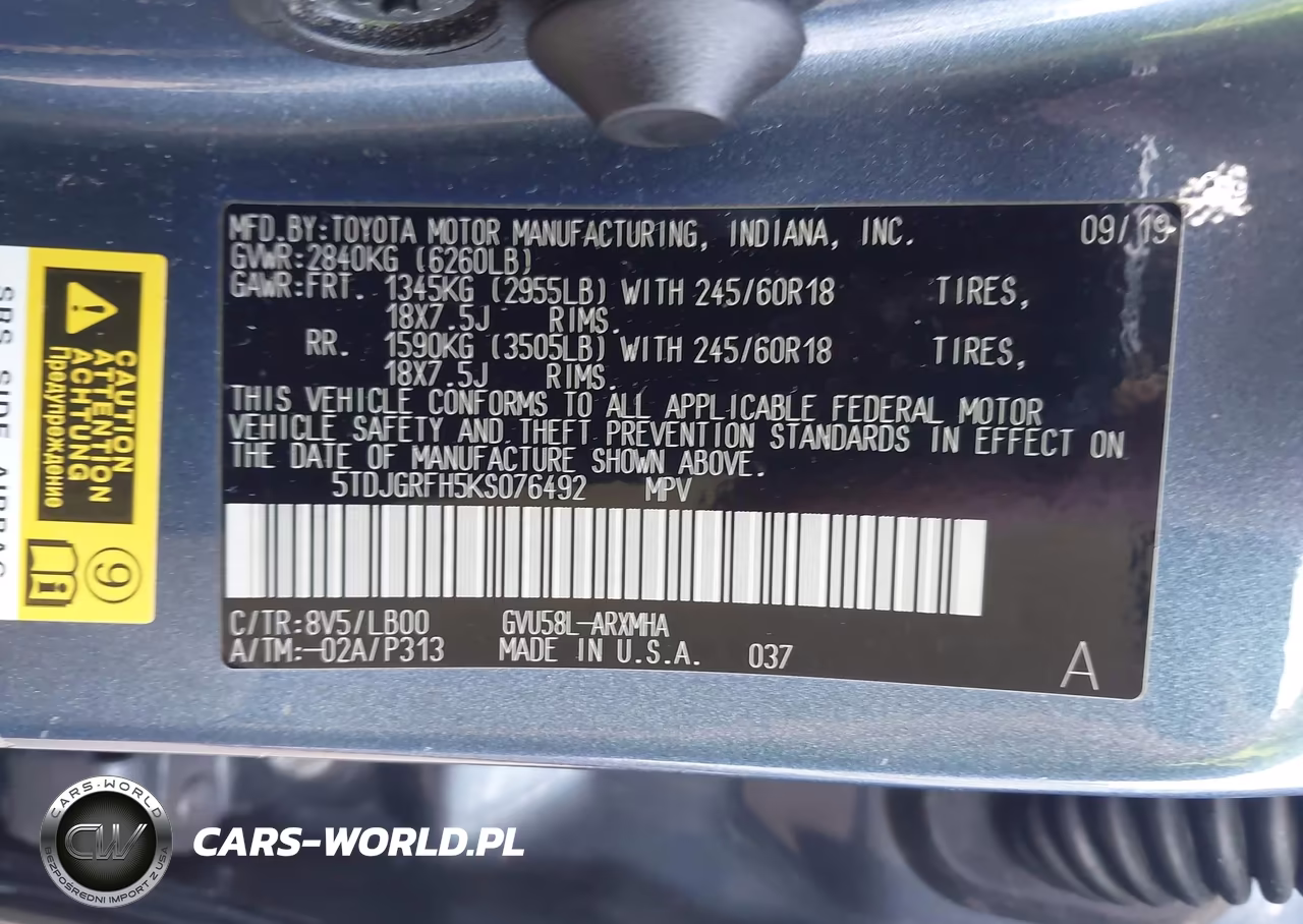 2019 Toyota Highlander Hybrid Xle VIN:5TDJGRFH5KS076492 - 9