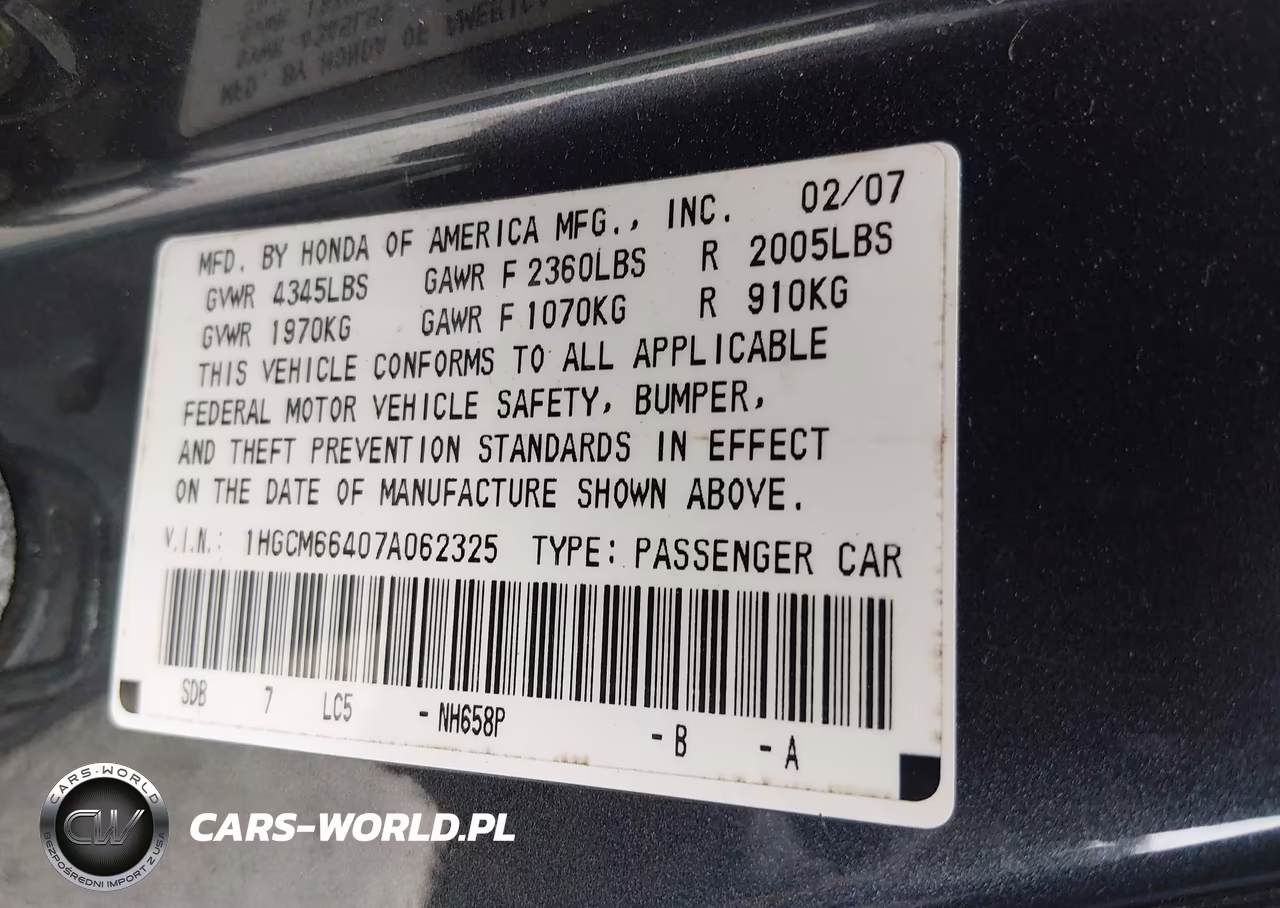 2007 Honda Accord 3.0 Se VIN:1HGCM66407A062325 - 9