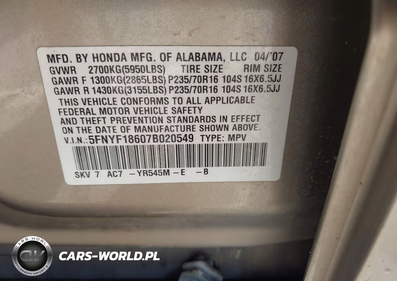 2007 Honda Pilot Ex-L VIN:5FNYF18607B020549 - 9