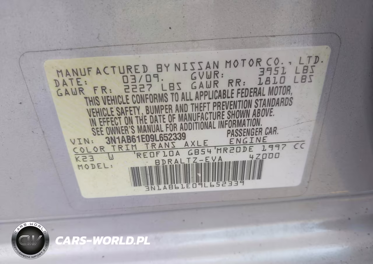 2009 Nissan Sentra 2.0S VIN:3N1AB61E09L652339 - 9