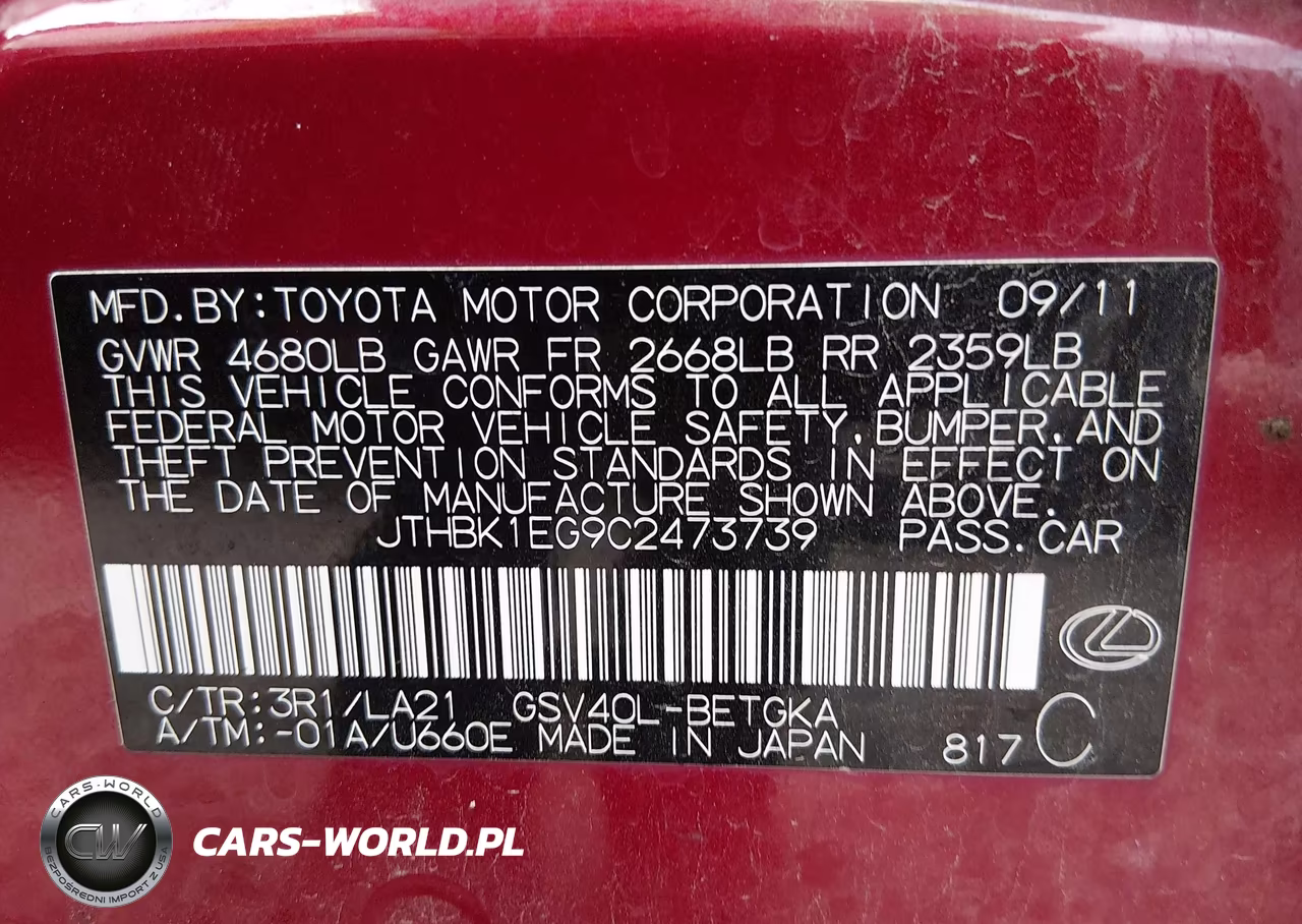 2012 Lexus Es 350 VIN:JTHBK1EG9C2473739 - 9