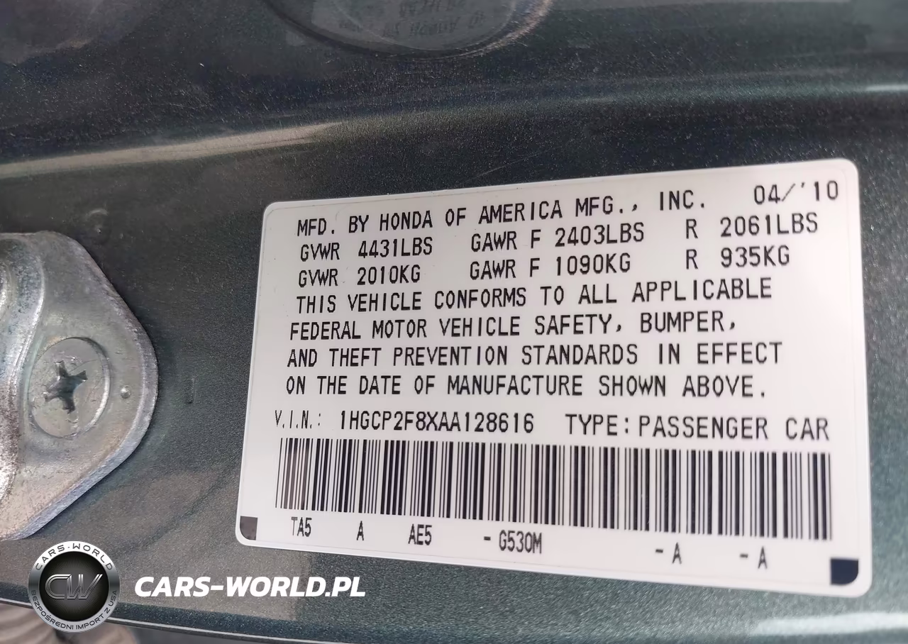 2010 Honda Accord 2.4 Ex-L VIN:1HGCP2F8XAA128616 - 9