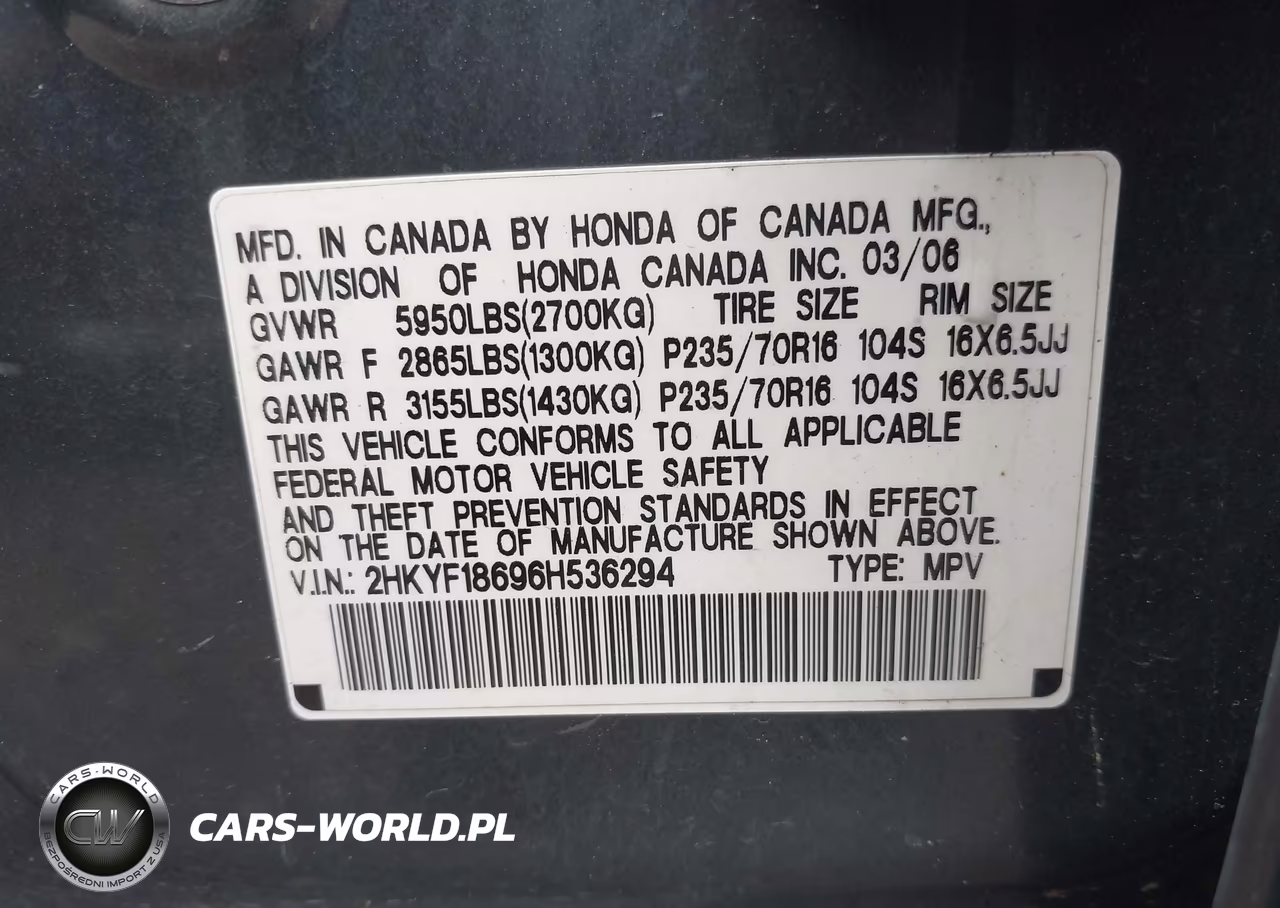 2006 Honda Pilot Ex-L VIN:2HKYF18696H536294 - 9