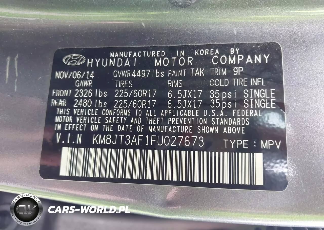 2015 Hyundai Tucson Gls VIN:KM8JT3AF1FU027673 - 9