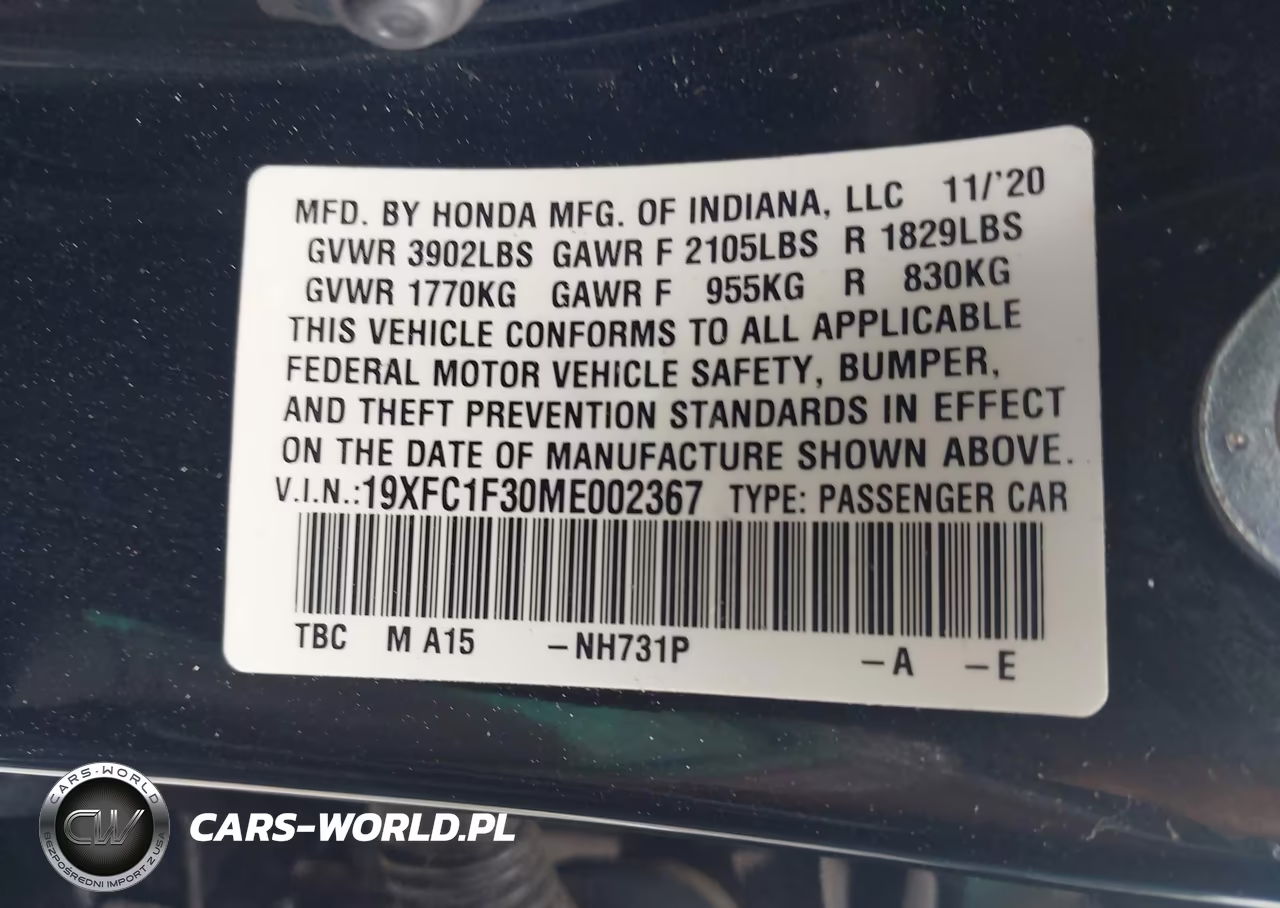 2021 Honda Civic Ex VIN:19XFC1F30ME002367 - 9
