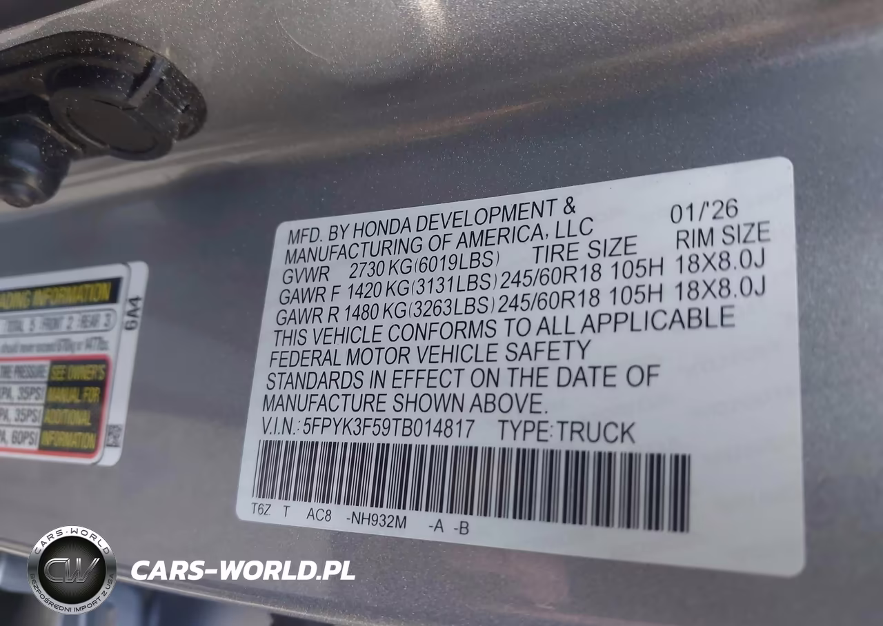 2026 Honda Ridgeline Rtl VIN:5FPYK3F59TB014817 - 9