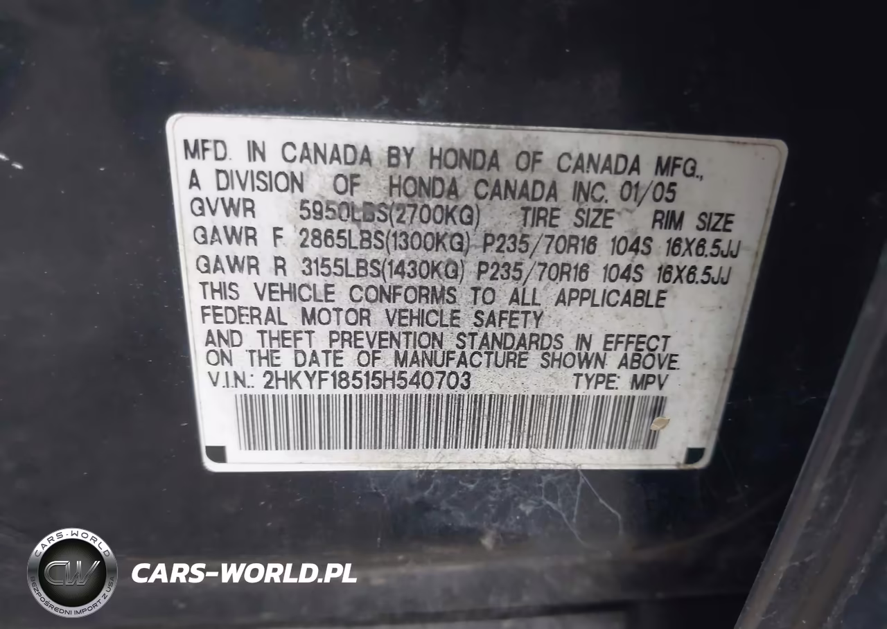 2005 Honda Pilot Ex-L VIN:2HKYF18515H540703 - 9