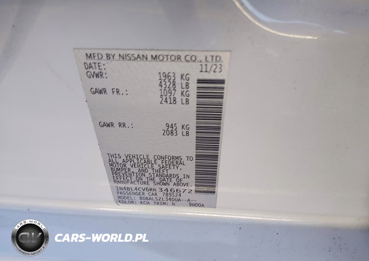 2024 Nissan Altima Sr Fwd VIN:1N4BL4CV6RN346672 - 9