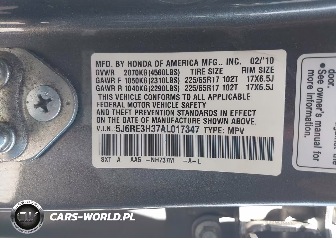2010 Honda Cr-V Lx VIN:5J6RE3H37AL017347 - 9