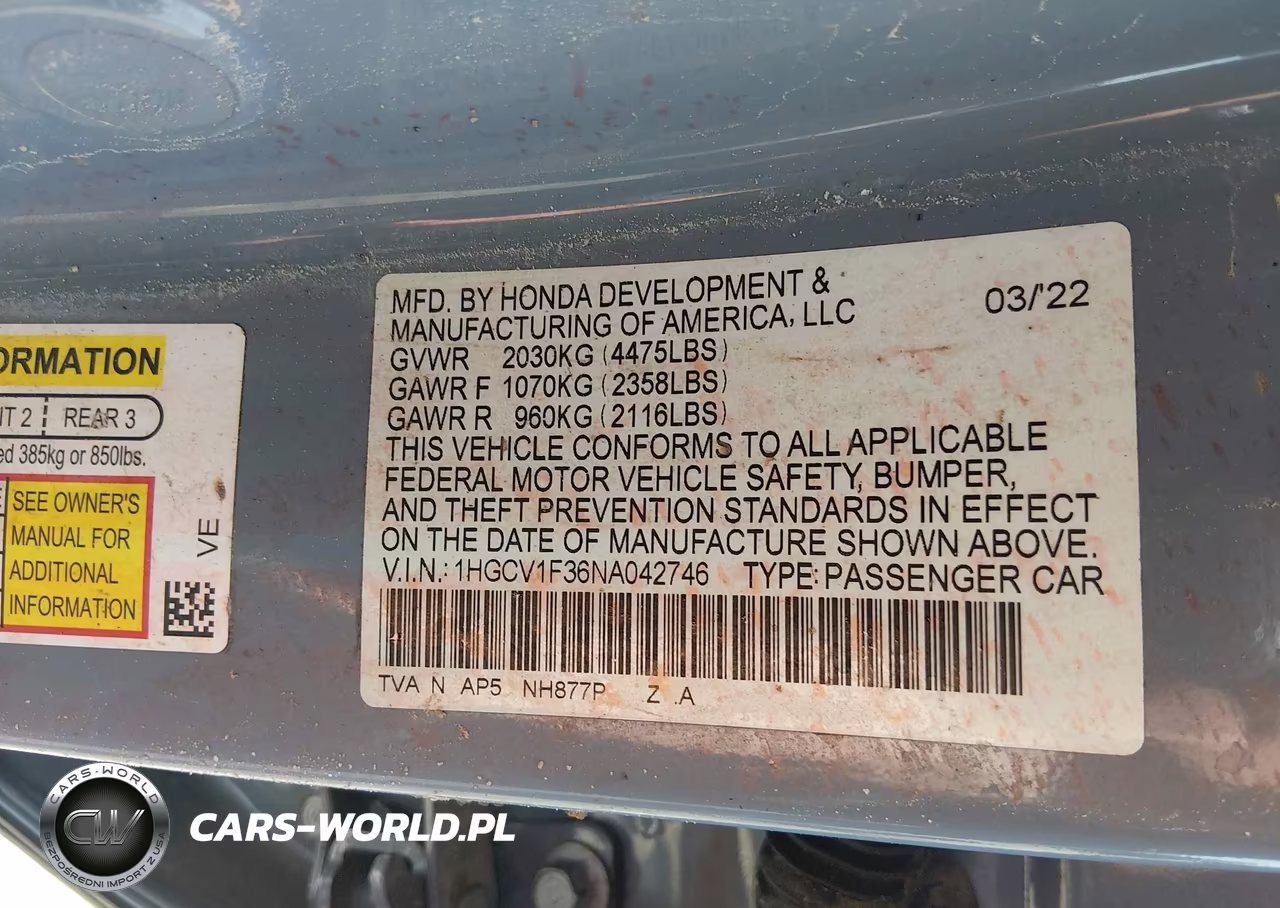2022 Honda Accord Sport VIN:1HGCV1F36NA042746 - 9