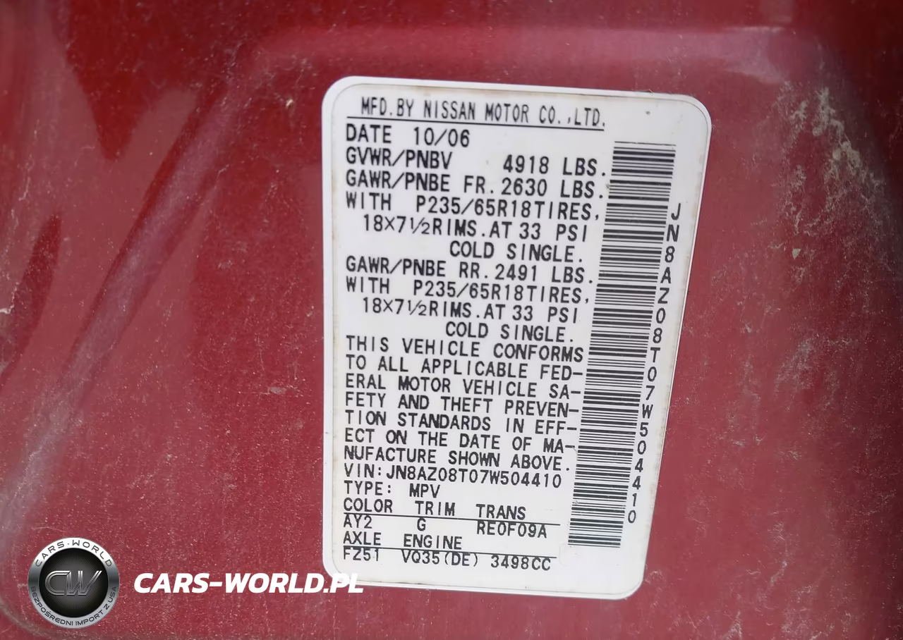 2007 Nissan Murano Sl VIN:JN8AZ08T07W504410 - 9