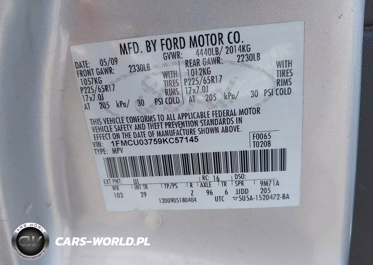 2009 FORD ESCAPE XLT VIN:1FMCU03759KC57145 - 9