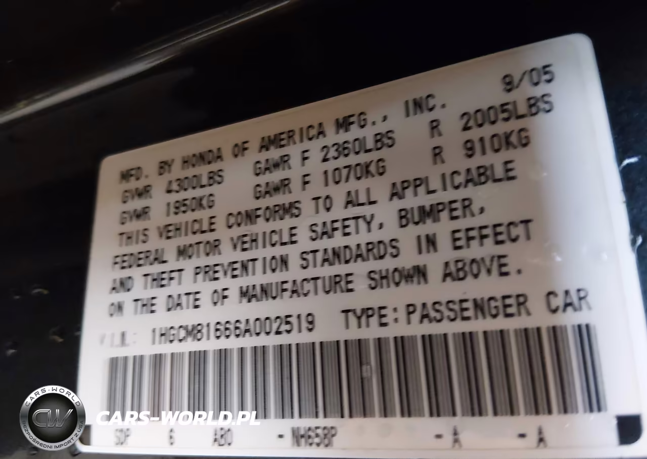 2006 Honda Accord 3.0 Ex VIN:1HGCM81666A002519 - 9