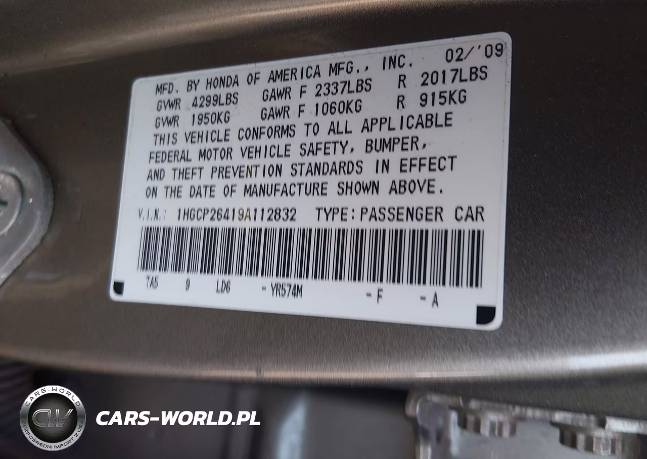 2009 Honda Accord 2.4 Lx-P VIN:1HGCP26419A112832 - 9