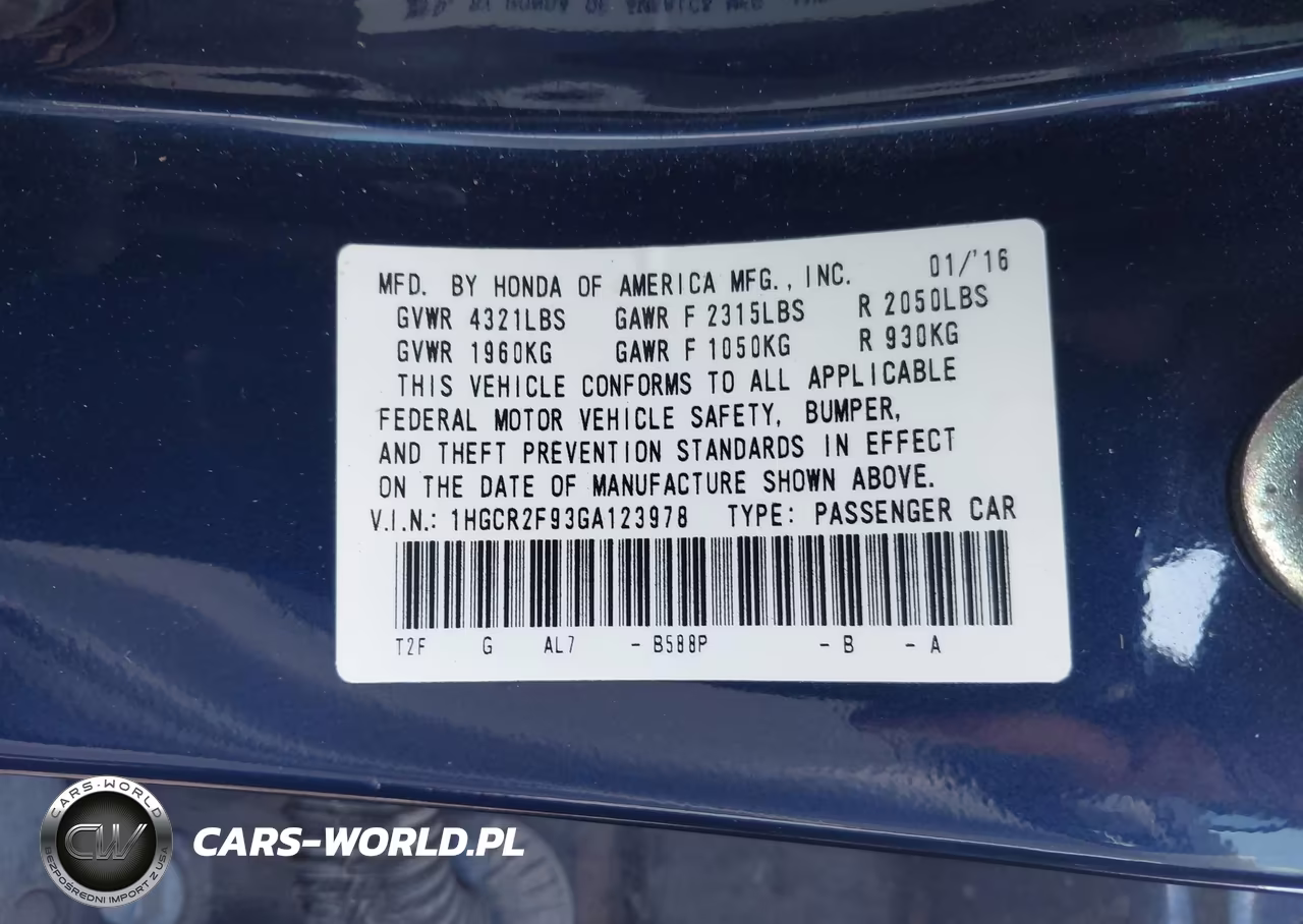 2016 Honda Accord Ex-L VIN:1HGCR2F93GA123978 - 9