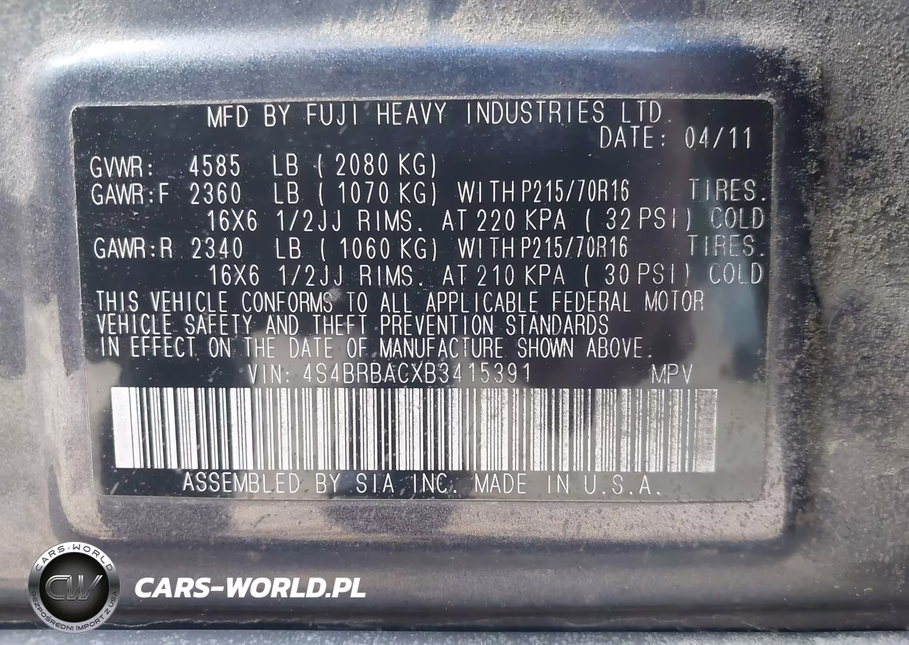 2011 Subaru Outback 2.5I VIN:4S4BRBACXB3415391 - 9