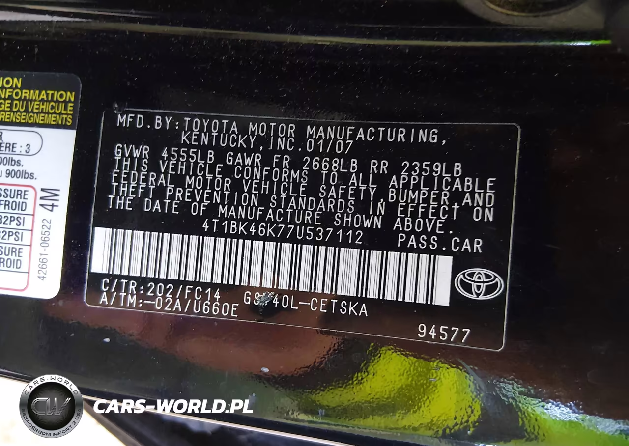 2007 Toyota Camry Se V6 VIN:4T1BK46K77U537112 - 9