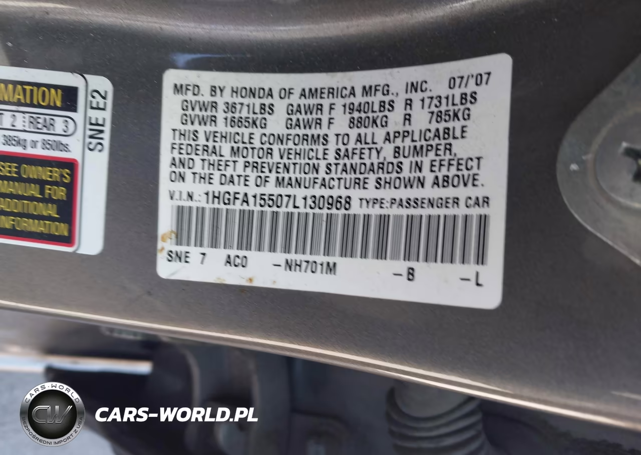 2007 Honda Civic Lx VIN:1HGFA15507L130968 - 9