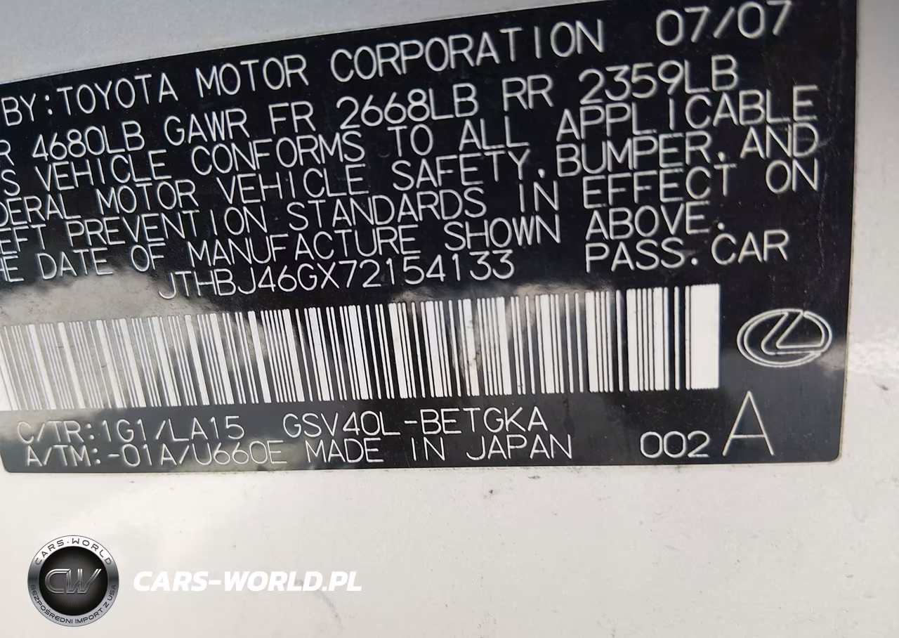 2007 Lexus Es 350 VIN:JTHBJ46GX72154133 - 9