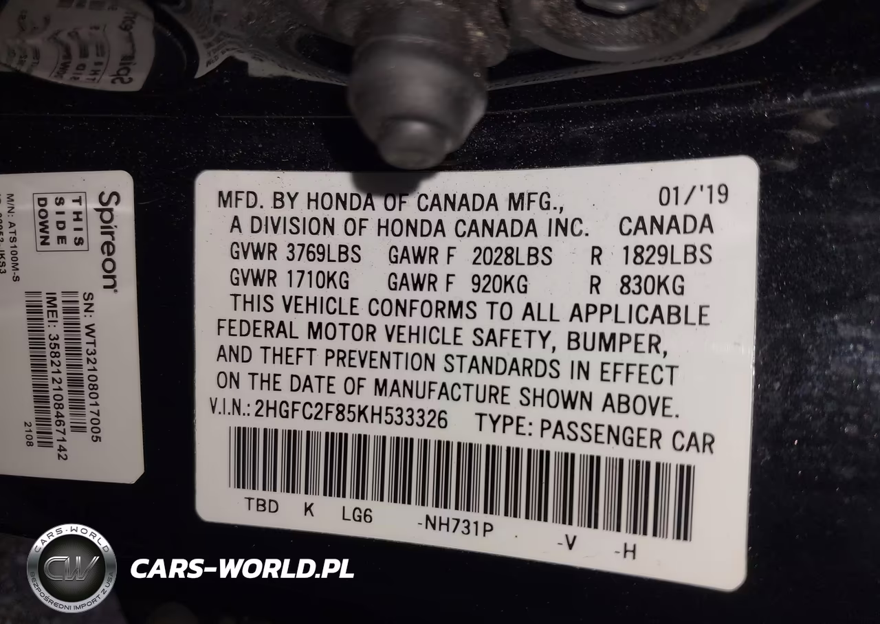 2019 Honda Civic Sport VIN:2HGFC2F85KH533326 - 9