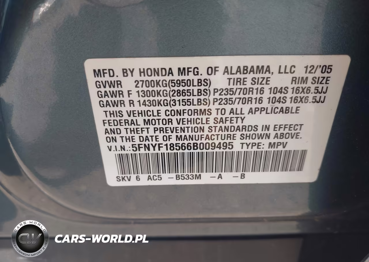 2006 Honda Pilot Ex-L VIN:5FNYF18566B009495 - 9