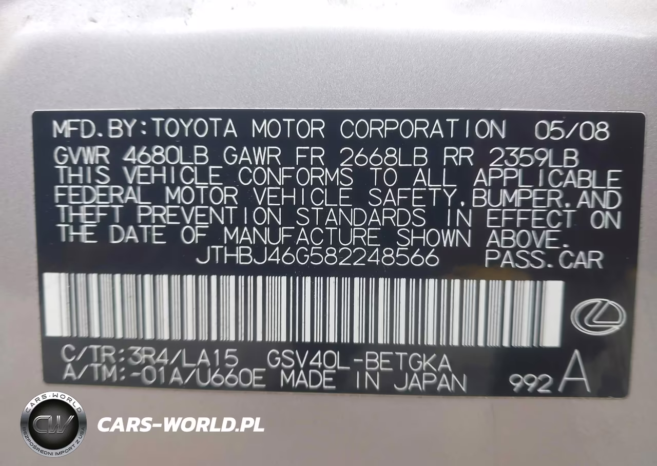 2008 Lexus Es 350 VIN:JTHBJ46G582248566 - 9