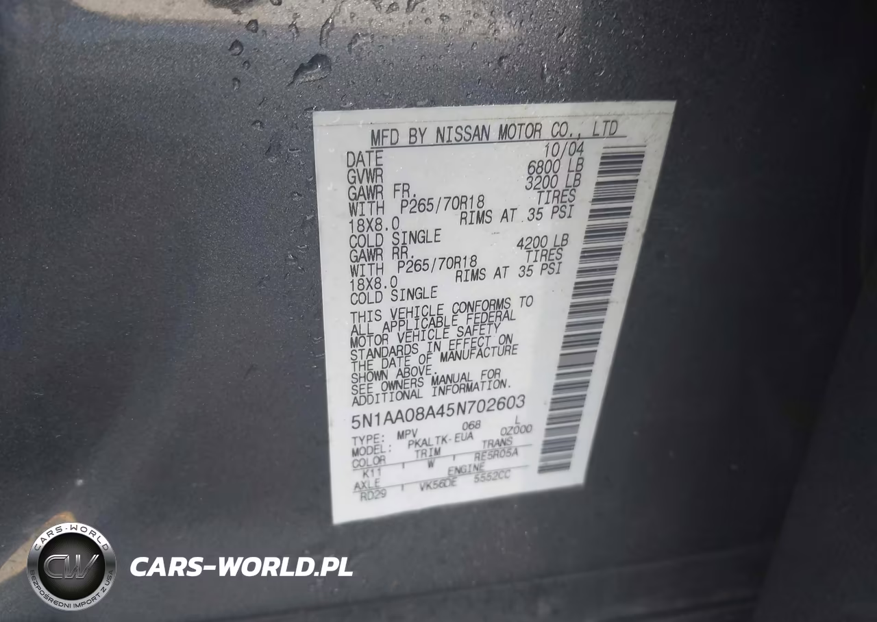 2005 Nissan Armada Se VIN:5N1AA08A45N702603 - 9