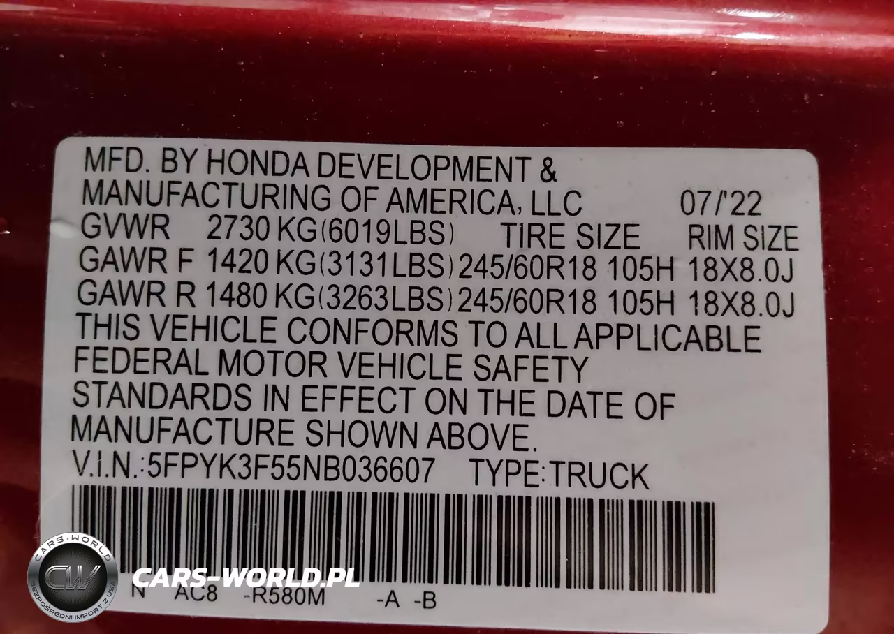 2022 Honda Ridgeline Rtl VIN:5FPYK3F55NB036607 - 9