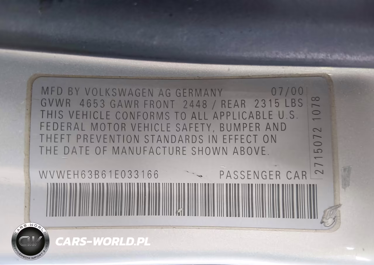 2001 Volkswagen Passat Glx VIN:WVWEH63B61E033166 - 9