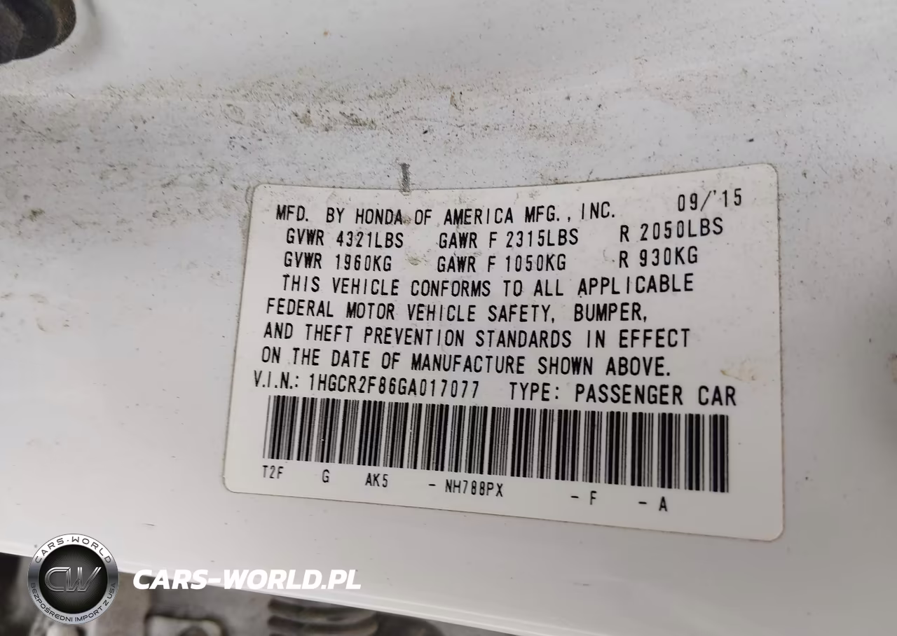 2016 Honda Accord Ex-L VIN:1HGCR2F86GA017077 - 9