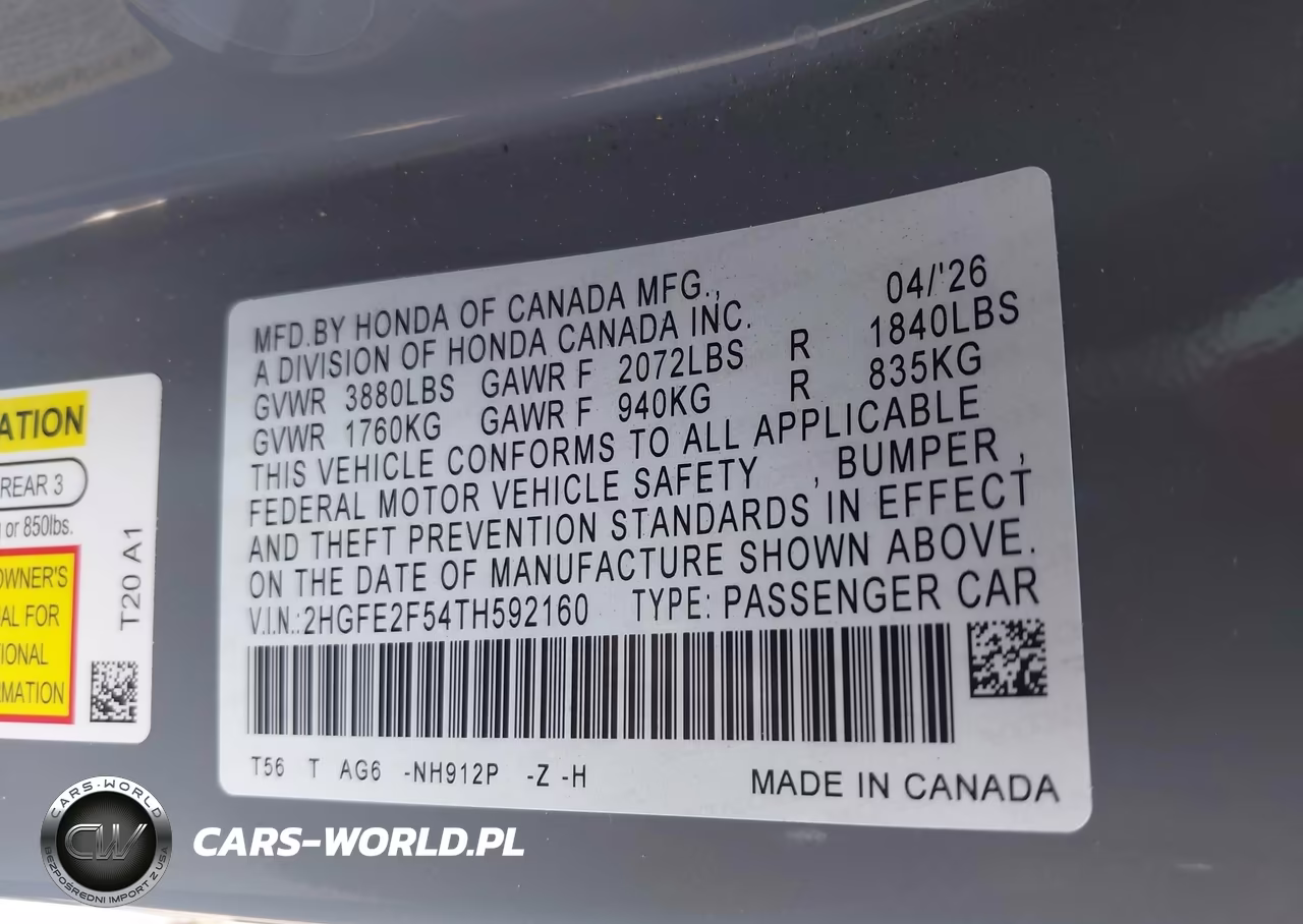 2026 Honda Civic Sport VIN:2HGFE2F54TH592160 - 9