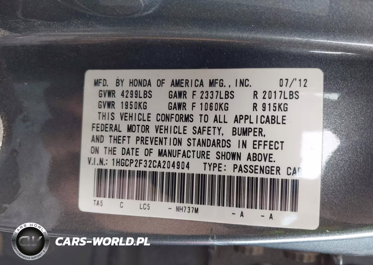 2012 Honda Accord Lx VIN:1HGCP2F32CA204904 - 9