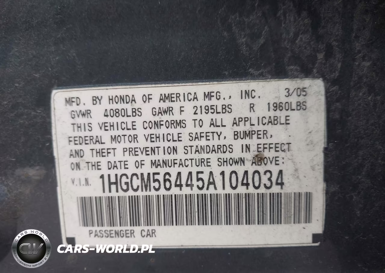 2005 Honda Accord 2.4 Lx VIN:1HGCM56445A104034 - 9