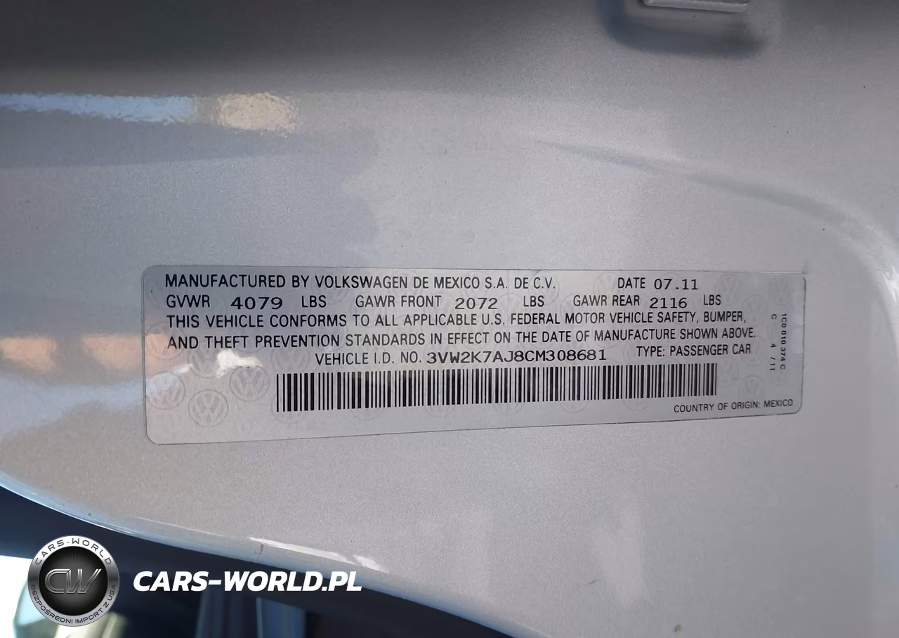 2012 Volkswagen Jetta 2.0L S VIN:3VW2K7AJ8CM308681 - 9