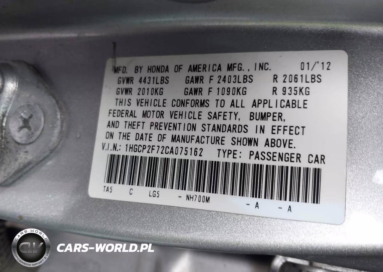2012 Honda Accord 2.4 Ex VIN:1HGCP2F72CA075162 - 9