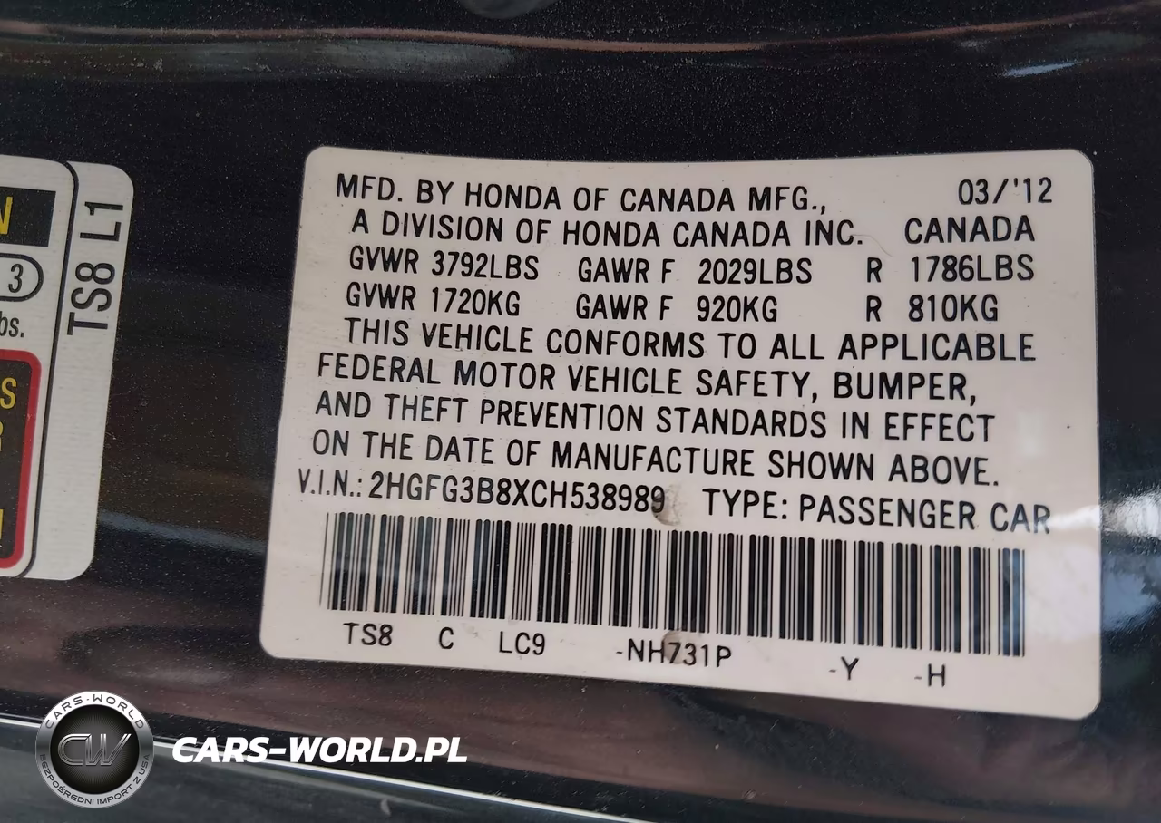 2012 Honda Civic Ex VIN:2HGFG3B8XCH538989 - 9