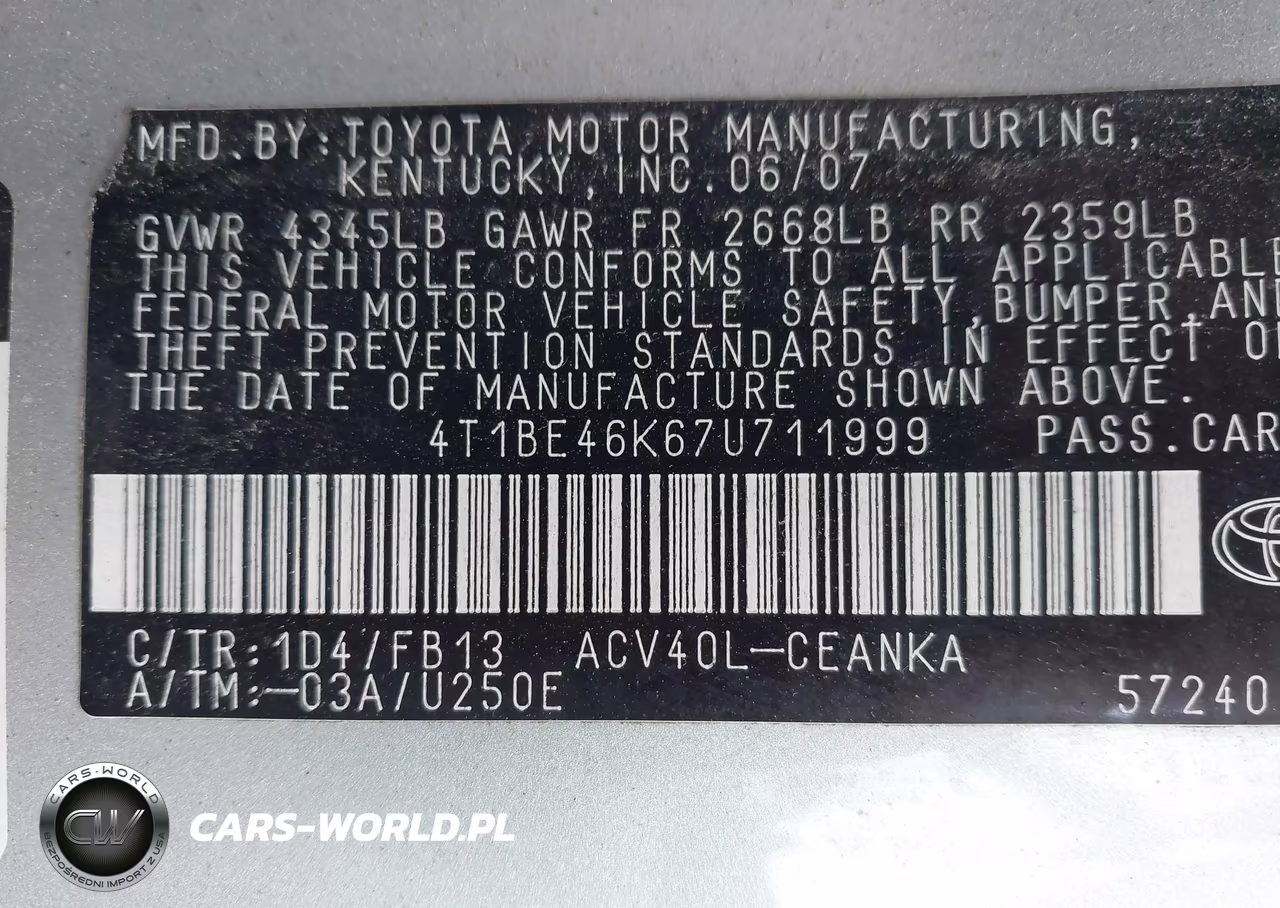 2007 Toyota Camry Le VIN:4T1BE46K67U711999 - 9