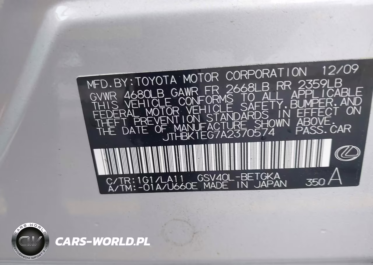 2010 Lexus Es 350 VIN:JTHBK1EG7A2370574 - 9